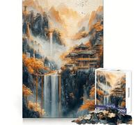 Waterfall Mountain Temple for Adults 1000 Piece Puzzle Brain Exercise Restful Escape Precision Cut Ideal Xmas Gift (38x52cm)