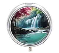 Waterfall Natural Landscape Pill Box Waterproof Portable Medicine Pill Case Moisture Proof Metal Travel Pill Box with 3 Compartment Medicine Case
