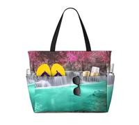 Waterfall Natural Landscape Print Large Waterproof Beach Tote Bag for Women with Zip and Pockets Foldable Handbag for Travel Pool Shopping Holiday Gym