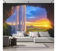 Waterfall Outside The Cave Wall Mural Grasslands Mountains Home Decoration 3D Non-Woven Photo Mural, Green Wall Art Decoration for Bedroom Nursery Living Room Home 350 x 256 cm Photo Wallpaper