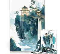 Waterfall Pagoda Landscape 1000 Piece Adult Puzzles Logic Puzzle Play Precision Cut Smooth Edges for Family Gatherings (38x52cm)