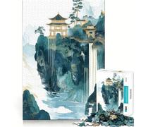 Waterfall Pagoda Landscape 1000 Piece Jigsaw Puzzles Mind Challenge Toy High Precision Die Cut Amusing Challenge for Waiting Time (50x75cm)