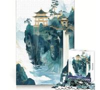 Waterfall Pagoda Landscape 1000 Pieces Puzzles for Adults Clear Thinking Stress Relief Fun Precise Edges Lovely Gift (38x26cm)