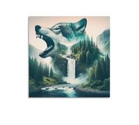 Waterfall Poster Howling Wolves And Mountains And Rivers Decorative Painting Canvas Art Picture 16x16inch(40x40cm)