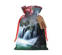 Waterfall Red Flower Cherry Printed Christmas Drawstring Bags,M | Reusable Xmas Gift Storage Bags, Red Christmas Ribbon