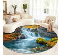 Waterfall Round Rug & Home Decor - Autumn Forest Area Rugs for Boys Bedroom, Natural Scenery Round Rug, Washable Rugs for Living Room Dining Table, 150cm