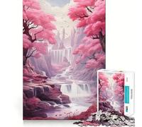 Waterfall Sakura Trees Adults 1000 Pieces Puzzle Mind Training Fun Burr Free Clean Cut Pieces Heartwarming Gathering Activity (38x52cm)