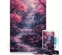Waterfall Sakura Trees Adults 1000 Pieces Puzzle Mind Training Fun Burr Free Clean Cut Pieces Heartwarming Gathering Activity (50x75cm)