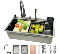 Waterfall Sink 68 x 45 cm, 1 Basin Stainless Steel Sink Black Anthracite, Sink with Left Faucet, Left Drain Component, Sink Kitchen with Drain Basket, Drain Counter, Chopping Board, Siphon