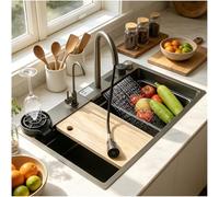 Waterfall Sink 68 x 45 cm, Stainless Steel Black Grey Waterfall Sink with Digital Display Screen, 1 Basin Sink, Top Mount Sink, Large Workplace Kitchen Sink with Complete Accessory Set