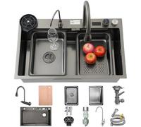 Waterfall Sink, 80 x 45 cm, Stainless Steel Black Grey Waterfall Sink with Digital Display Screen, 1 Basin Sink, Top Mount Sink, Large Workplace Kitchen Sink with Complete Accessory Set