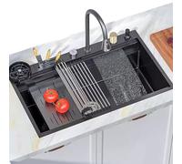 Waterfall Sink Black Kitchen Sink 304 Stainless Steel Sink 100cm Large Single Bowl Commercial Sink Black Faucet All Accessories Included (Size : 100x52x25cm)