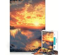 Waterfall Sunset Jigsaw Puzzles 1000 Mental Focus Game No Gap Tight Fitting Design Interactive Brain Challenge for Home (50x75cm)