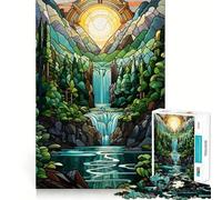 Waterfall Sunset Painting Adults 1000 Piece Jigsaw Puzzle Memory Fun Game Clean Cut Sturdy Components Unique Gift for Stress Relief (38x52cm)
