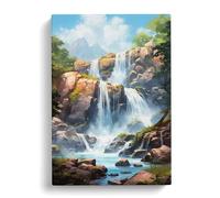 Waterfall Tachisme Art Canvas Print | Gallery Wrapped 30mm Frame Wall Art | 30x20 inches | Ready to Hang | Contemporary Landscape Picture | Living Room Bedroom Lounge Office