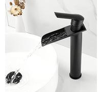 Waterfall Tap for Bathroom Sink Black, Tall Basin Tap,Waterfall Mono Basin Mixer Tap,Countertop Basin Tap,Bathroom Sink Tap Brass with 2 Hoses (Black)