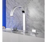 Waterfall Taps for Basin, 3-Hole Wide Flat Taps for Bathroom Basin, Double Handle Copper Basin Mixer Tap Waterfall,Chrome