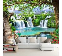 Waterfall Trees Lakes Lotus Flowers Flying Birds Modern 3D Wallpaper Premium Textured Silk Neutral Tones Material Ideal for Living Room Bedroom-250cm×170cm