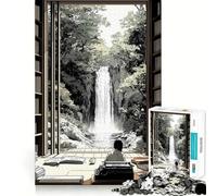 Waterfall View from Library Japanese 1000 Piece Adult Puzzles Logic Puzzle Play Precision Cut Smooth Edges for Family Gatherings (50x75cm)