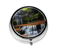 Waterfall View Round Mini Pill Box: 3-Compartment Portable Metal Pill Organizer with Snap Closure, Ideal for Daily Travel Use