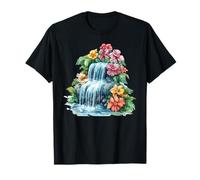 Waterfall with Hibiscus Flowers Tropical Garden Serenity T-Shirt