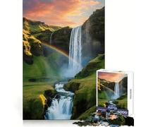 Waterfall with Rainbow in Green Landscape for Adults 1000 Piece Puzzle Think Training Serene Escape Defined Edges Creative Gift (38x26cm)