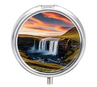 Waterfalls in The Sunset Sky Metal Pill Organizer, 3 Compartment Waterproof Pill Case with Mirror for Purse Pocket Bag, Daily Medicine Vitamin Holder, Portable Travel Med Container(Round)