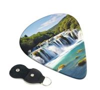 Waterfalls on Krka River Guitar Picks 6 Pack with Leather Guitar Pick Holder Keychain, Plectrum Key Fob Cases Bag, Abstract Art Plectrum for Acoustic Electric Guitar, Ukulele 0.71mm