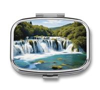 Waterfalls on Krka River Pill Box Travel Pill Organizer 2 Compartment Weekly Pill Case with Mirror A Day Medicine Container Medicine Organizer for Purse, Pocket, Or Wallet