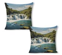 Waterfalls on Krka River Throw Pillow Covers - 18"x18"（2pcs） Square Cotton Linen Pillwcase, Soft Double Sided Rustic Farmhouse Cushion Covers with Hidden Zipper for Sofa Bed Living Room Decor