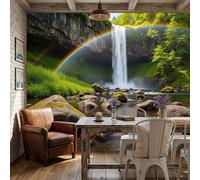 Waterfalls Rainbows Lakes Wallpaper, Natural Rock Formations Mural Wallpaper For Living Room, Retro Bedroom Wall Paper, Not Self Adhesive Green Forest 3D Large Wall Mural Home Decor Poster, 250X175Cm