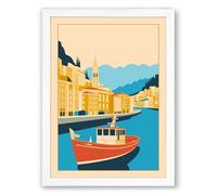 Waterfront Town at Rest Retro Framed Wall Art Print A1 (84.1×59.4cm) White, Wall Decor for Living Room, Bedroom, Office & Home, Ready to Hang, Art Gift