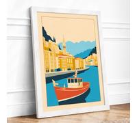 Waterfront Town at Rest Retro Framed Wall Art Print A3 (42×29.7cm) White, Wall Decor for Living Room, Bedroom, Office & Home, Ready to Hang, Art Gift