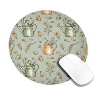 Watering Can Small Mouse Pad, Spring Floral Butterfly Flower Spring Green Round Rubber Washable Stitched Edge Cloth Mousepad Desk Decor for Office Home Dorm Laptop Round 8x8 Inch