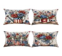 Watering Can Throw Pillow Covers Set of 4, Rustic Country Flowers Stars Independence Day Red Soft Velvet Washable Pattern Pillow Covers for Home Living Room Bedroom Dorm Couch Decor 20x12 Inch