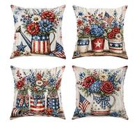 Watering Can Throw Pillow Covers Set of 4, Rustic Country Flowers Stars Independence Day Red with Hidden Zipper Cover Decorative Pillows for Home Bedroom Living Room Sofa Couch Decor 16x16 Inch