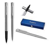 Waterman Allure Engraved Writing Set - Ballpoint Pen & Rollerball Pen Set Personalised - Luxury Writing Instrument Set in Black - Elegant Gift for Men and Women (Stainless Steel)