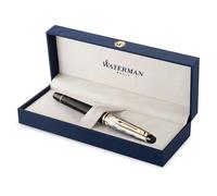 Waterman Expert Fountain Pen | Metal & Black Lacquer with Gold trim & Chiselled cap | Stainless steel Medium Nib | Blue Ink | Gift Box