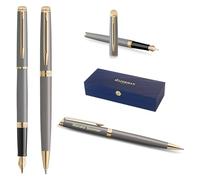 Waterman Hémisphère Fountain Pen & Ballpoint Pen Set with Engraving - Luxury Writing Set, Personalised as a Gift for Birthday, Anniversary and Christmas Gifts (Stone Grey G.T.)