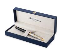 Waterman Hémisphère Fountain Pen | Metal & Black Lacquer with Gold trim & Chiselled cap | Gold Coated Stainless Steel Medium Nib | Blue Ink | Gift Box