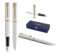Waterman Impression Ballpoint Pen & Fountain Pen Set with Engraving - Personalised Premium Fountain Pen - Elegant Writing Set for Men & Women - Blue Ink (White GT)