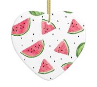Watermelon Fresh Fruit Print Heart Shaped Ceramic Doublesided Christmas Ornament Festive Home Xmas Tree Decor