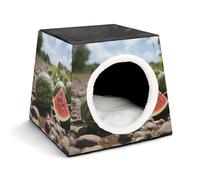 Watermelon on The Ground Cat Bed for Indoor Cats - Foldable Cat & Dog House with Removable Cozy Cushion, Waterproof Oxford Washable Pet House for Small Pets 13.8" X 13.8" X 11.8"