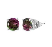 Watermelon Quartz Triplet Solitaire Stud Earrings - 4.70 Ct Round Cut Earrings in Rhodium Plated Sterling Silver - Push Post and Back - Gemstone Jewelry for Women