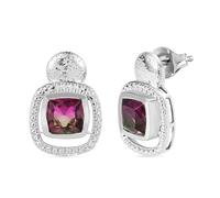 Watermelon Quartz Triplet Stud Earrings - 5.30 Ct Cushion Cut Earrings in Rhodium Plated Sterling Silver - Push Back Studs for Women - Textured Top Design - Silver Wt. 6.50 Gms
