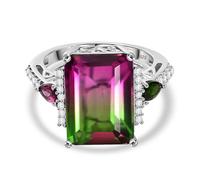 Watermelon Quartz Triplet, Tourmaline & White Zircon Ring - 8.81 Ct Emerald Cut in Rhodium Plated Sterling Silver - Multigemstone Statement Cocktail Ring for Women - Size O