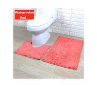 (Watermelon Red) 2 Bath Piece Mat Set Non Slip Toilet Pedestal Soft Foam Chenille Shaggy Rug