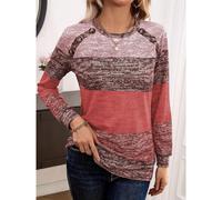 (watermelon red, XL) "2024 Women's Color Block Printed Button Long-Sleeve Round Neck T-Shirt - Spring/Autumn Collection"