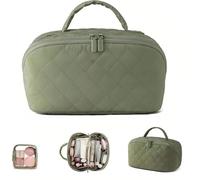 Waterpoof Flat Lay Makeup Bag with Handle, Large Capacity Travel Makeup Bag with Clear Divider & Brush Compartment, Wide Opening Toiletry Bag for Women, Daily & Travel Use