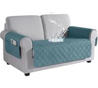 Waterproof 2-Seater Sofa Cover with Side Pockets Non-Slip Pet & Kid-Friendly Slipcover Washable Couch Protector for Dogs - Stone Blue